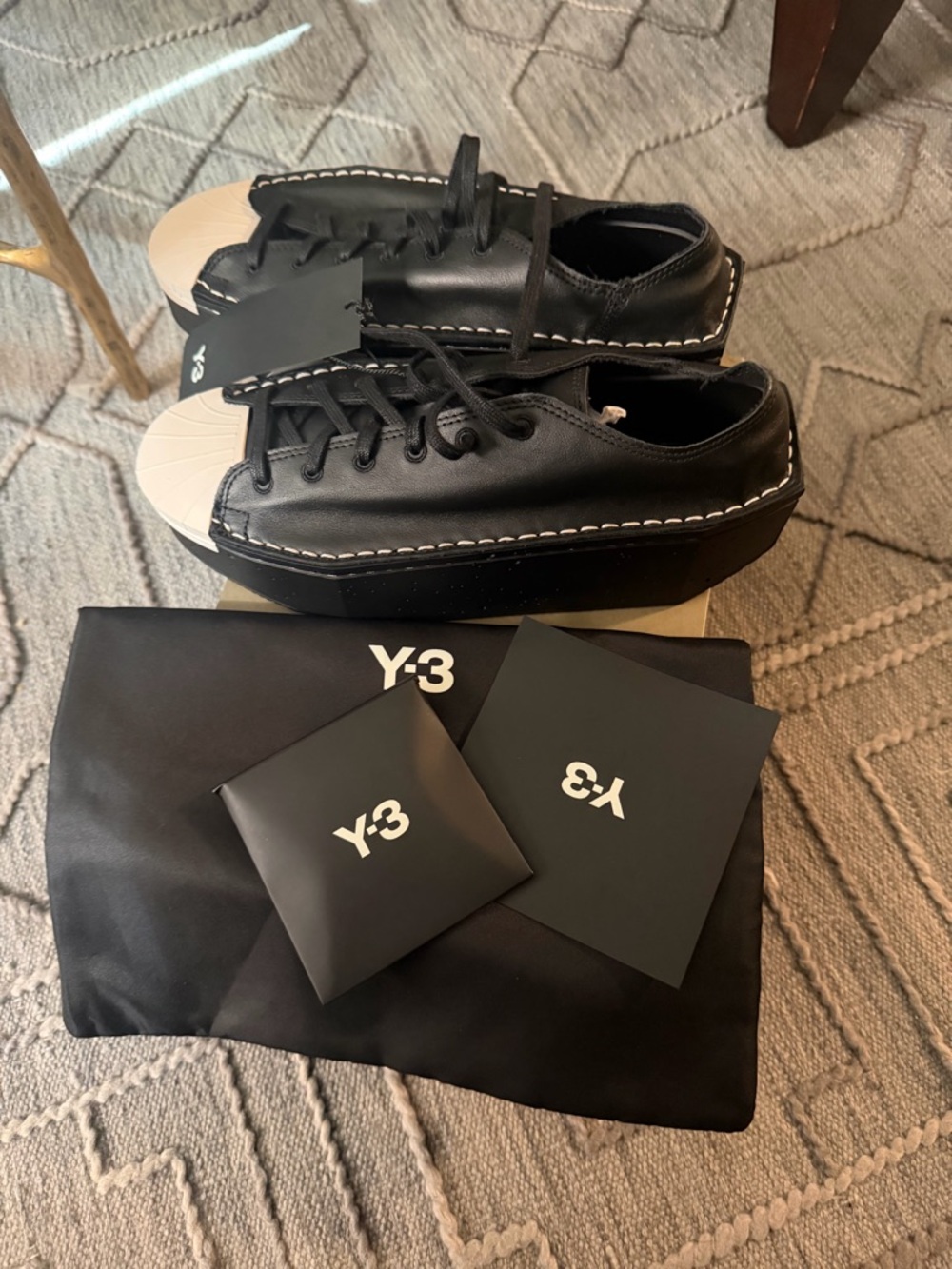 Y-3 Black Leather Platform Sneakers with White Toe Cap